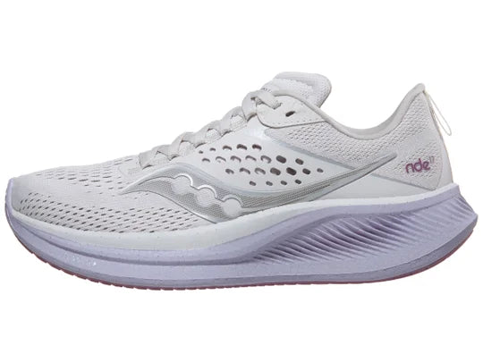 Women's Saucony Ride 17. Moon/Viola. Lateral view.