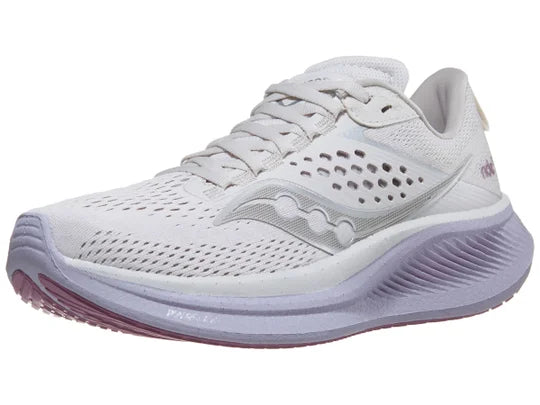 Women's Saucony Ride 17. Moon/Viola. Lateral view.