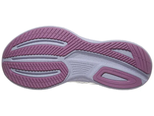 Women's Saucony Ride 17. White upper. Light pink midsole. Bottom view.
