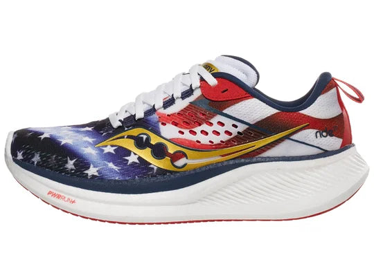 Women's Saucony Ride 17. USA Flag upper. White midsole. Lateral view.