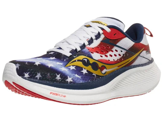 Women's Saucony Ride 17. USA Flag upper. White midsole. Lateral view.