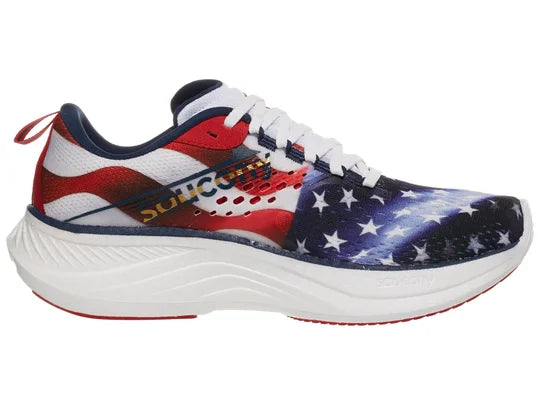 Women's Saucony Ride 17. USA Flag upper. White midsole. Medial view.