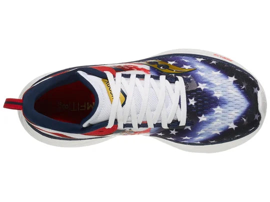 Women's Saucony Ride 17. USA Flag upper. White midsole. Top view.