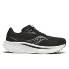 Women's Saucony Ride 18. Black upper. White midsole. Lateral view.