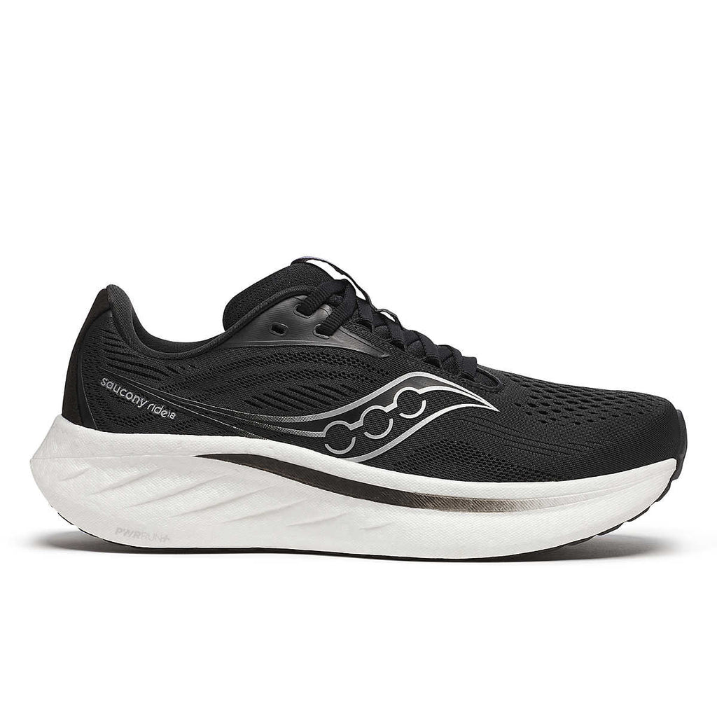 Women's Saucony Ride 18. Black upper. White midsole. Lateral view.