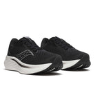 Women's Saucony Ride 18. Black upper. White midsole. Lateral view.