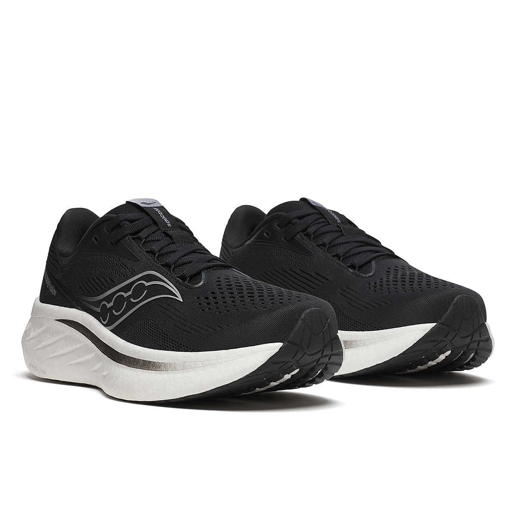 Women's Saucony Ride 18. Black upper. White midsole. Lateral view.