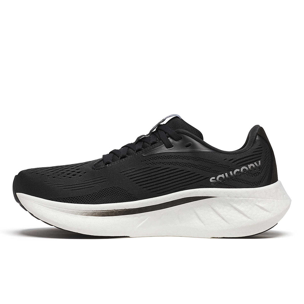 Women's Saucony Ride 18. Black upper. White midsole. Medial view.