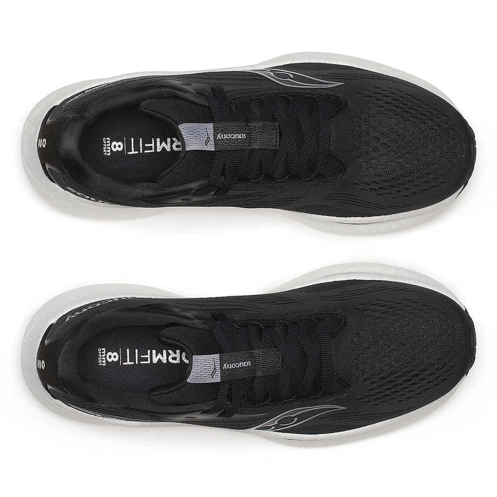 Women's Saucony Ride 18. Black upper. White midsole. Top view.