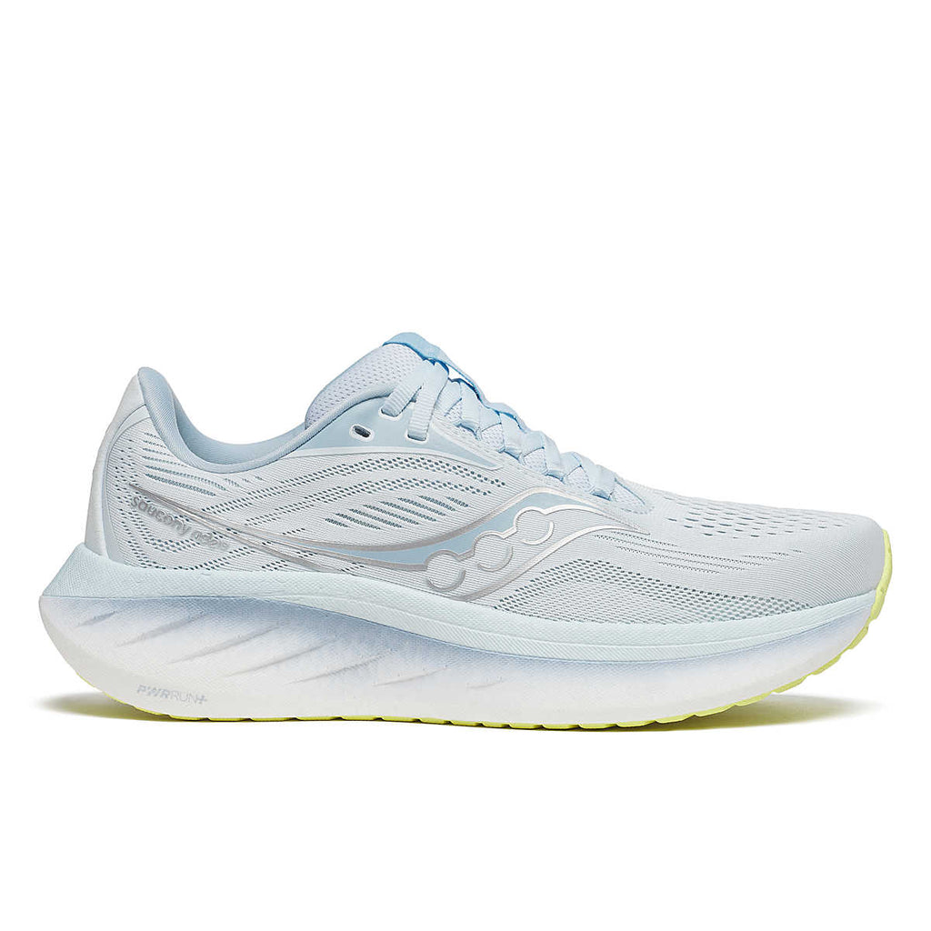 Women's Saucony Ride 18. Light Blue upper. Light Blue midsole. Lateral view.