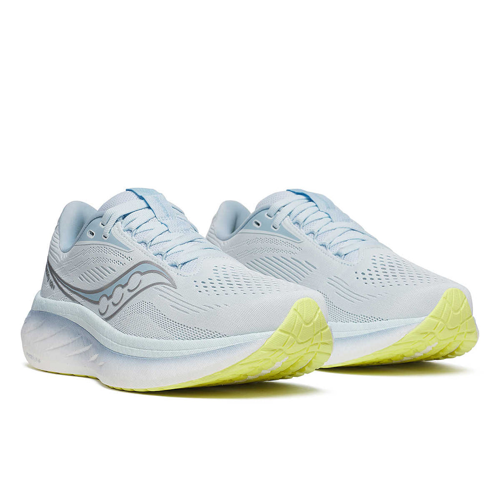 Women's Saucony Ride 18. Light Blue upper. Light Blue midsole. Lateral view.