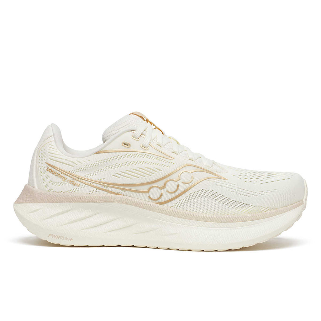 Women's Saucony Rider 18. Off White upper. Off White midsole. Lateral view.