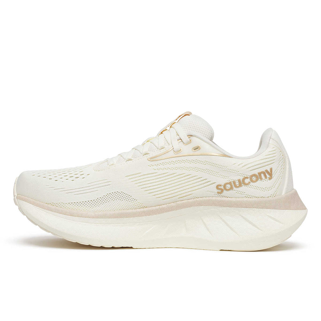 Women's Saucony Rider 18. Off White upper. Off White midsole. Medial view.
