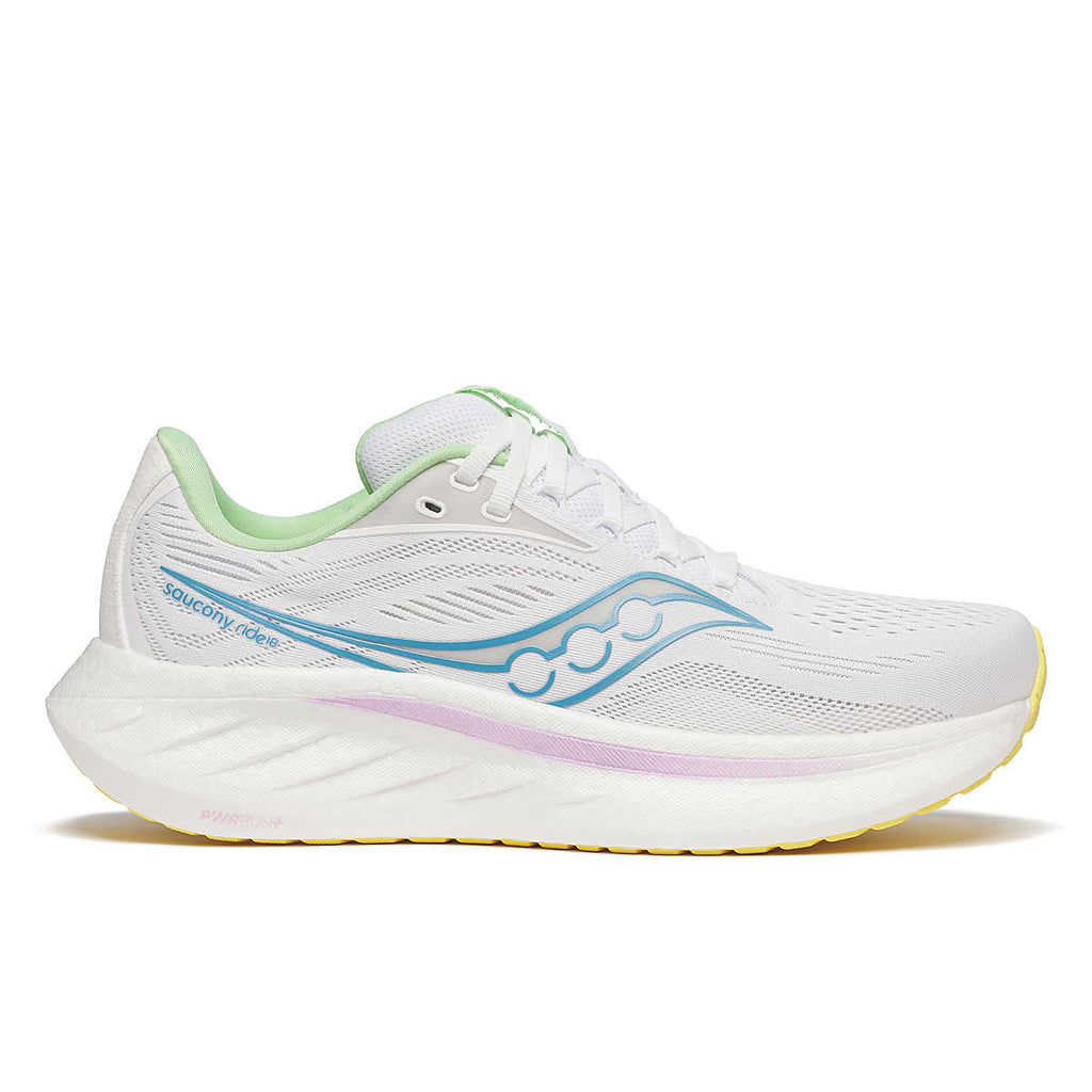 Women's Saucony Ride 18. White upper. White midsole. Lateral view.