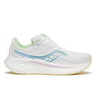 Women's Saucony Ride 18. White/Verbana. Lateral view.
