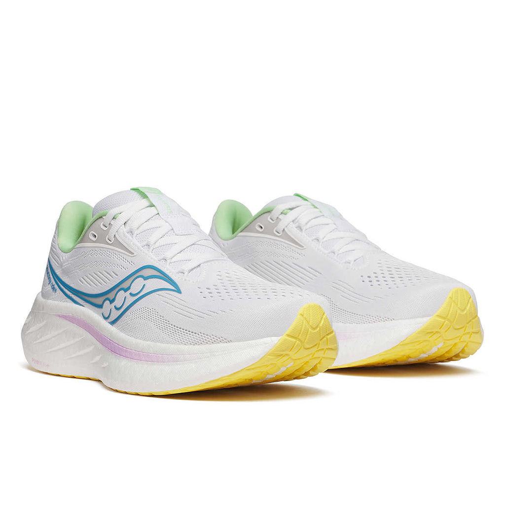 Women's Saucony Ride 18. White upper. White midsole. Lateral view.