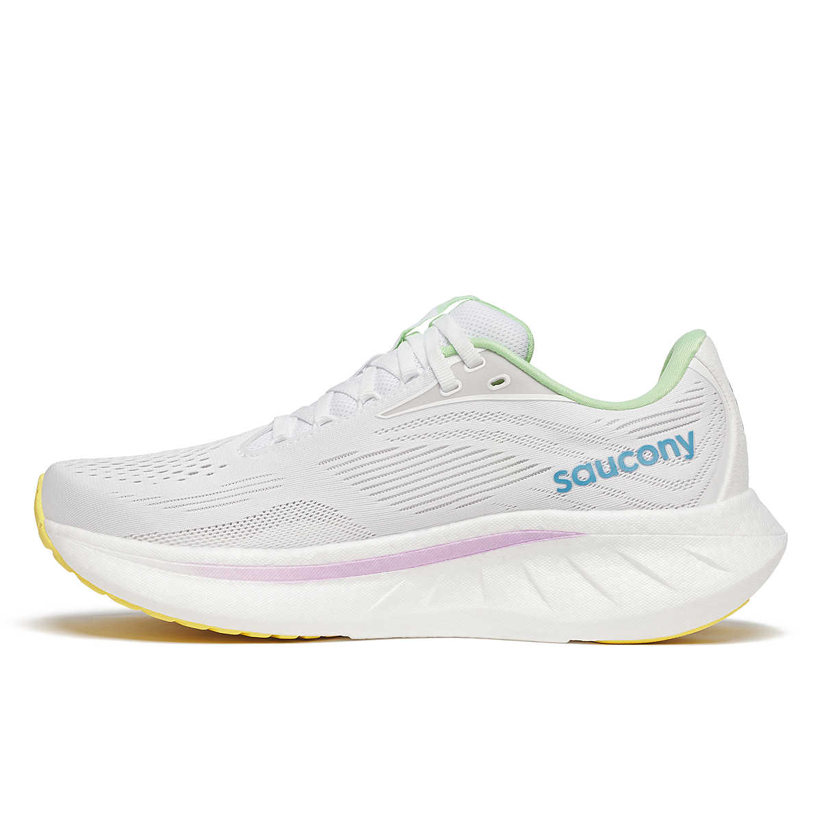 Women's Saucony Ride 18. White/Verbana. Medial view.