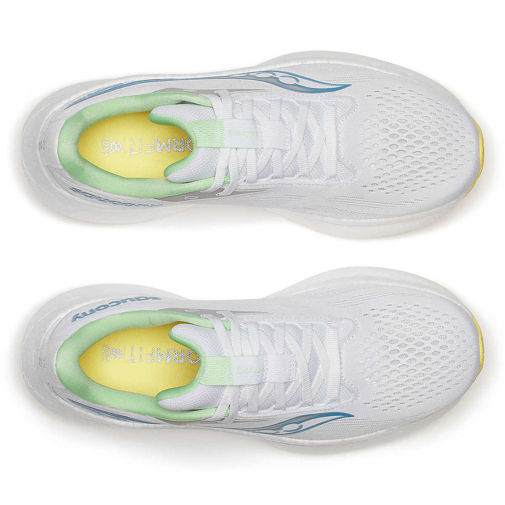 Women's Saucony Ride 18. White upper. White midsole. Top view.
