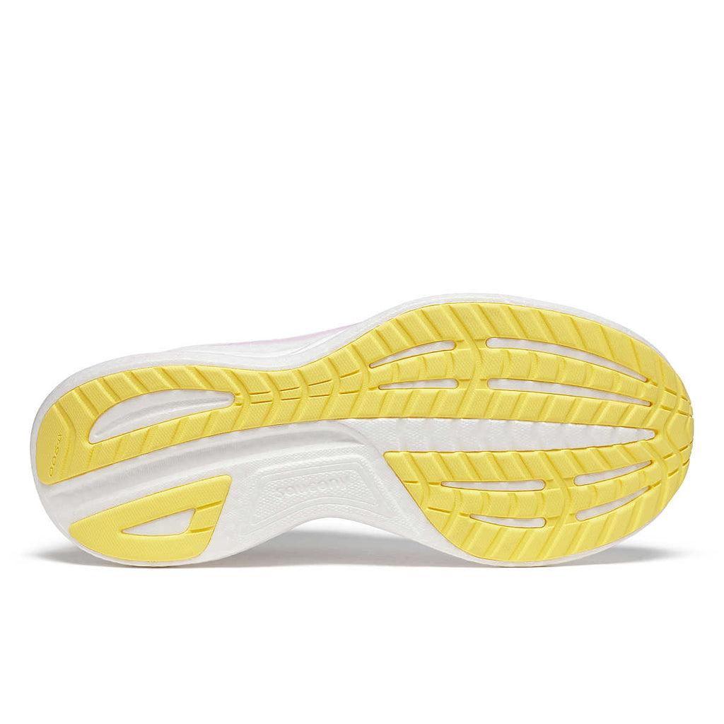 Women's Saucony Ride 18. White upper. White midsole. Bottom view.