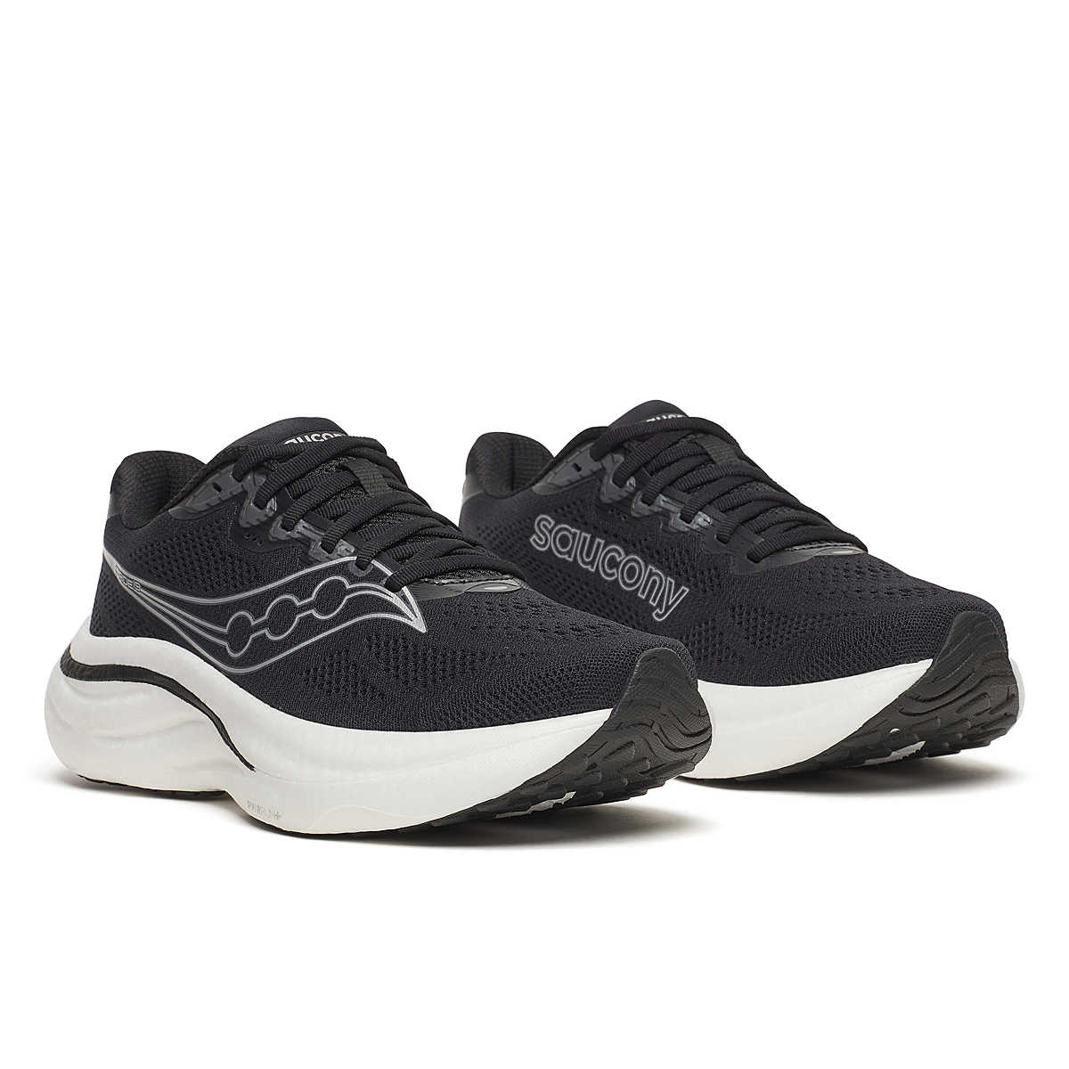 Women's Saucony Ride 19. Black/Silver. Lateral view.