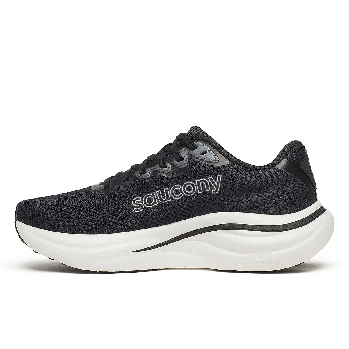Women's Saucony Ride 19. Black/Silver. Medial view.