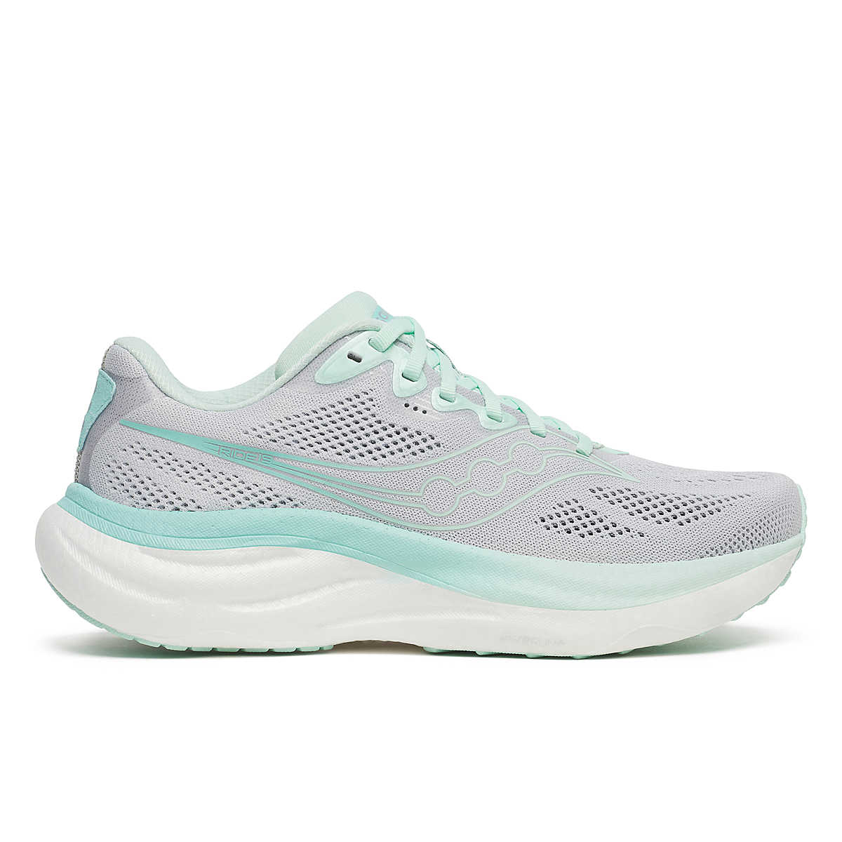 Women's Saucony Ride 19. Cloud/Aqua. Lateral view.