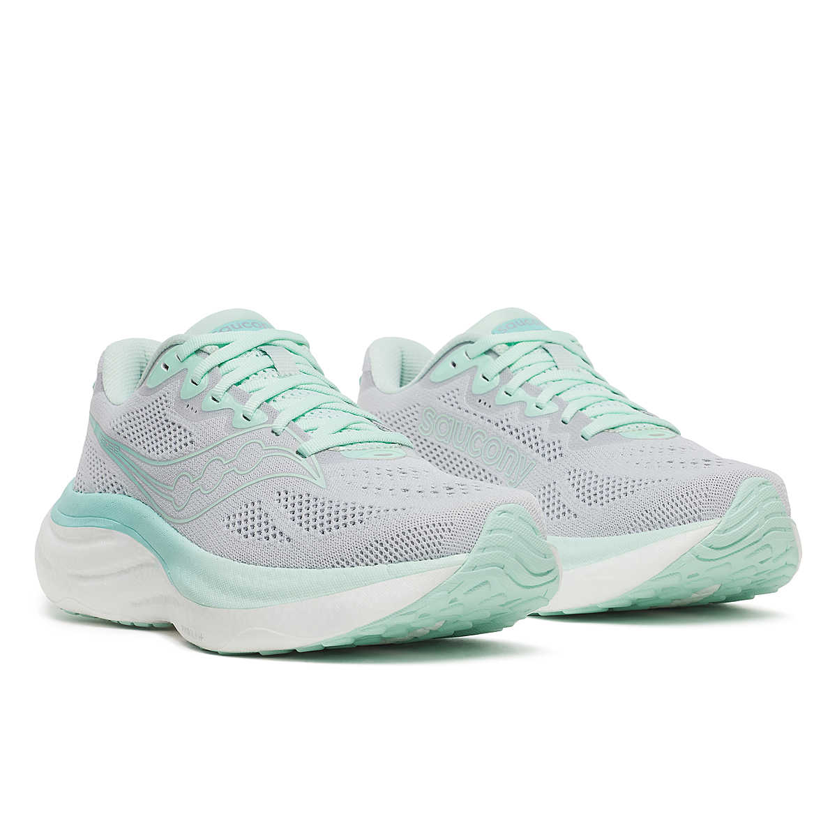 Women's Saucony Ride 19. Cloud/Aqua. Lateral view.