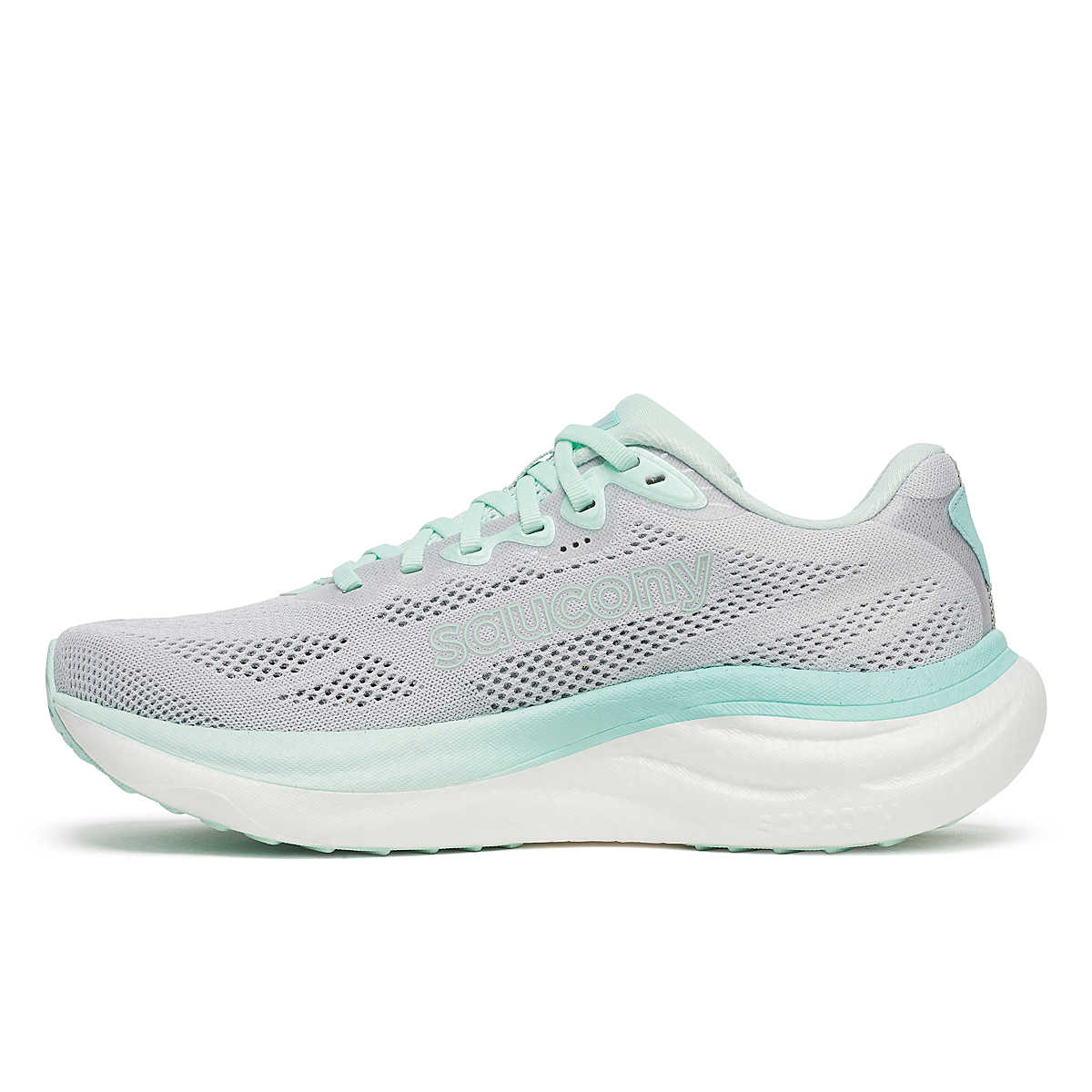 Women's Saucony Ride 19. Cloud/Aqua. Medial view.