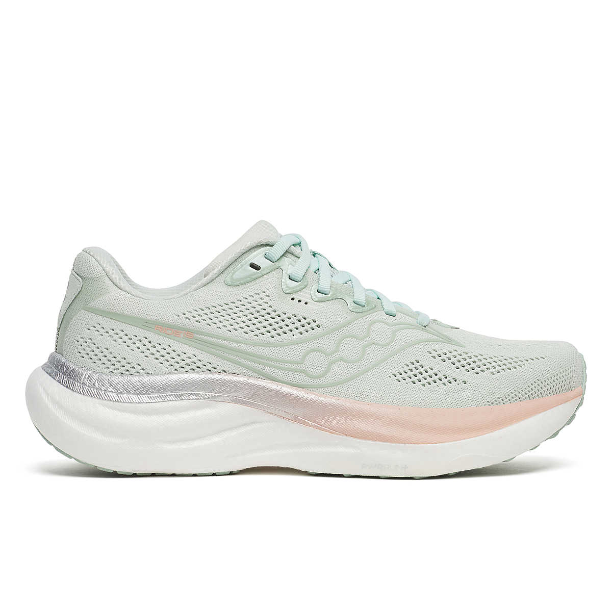 Women's Saucony Ride 19. Mist/Cameo. Lateral view.