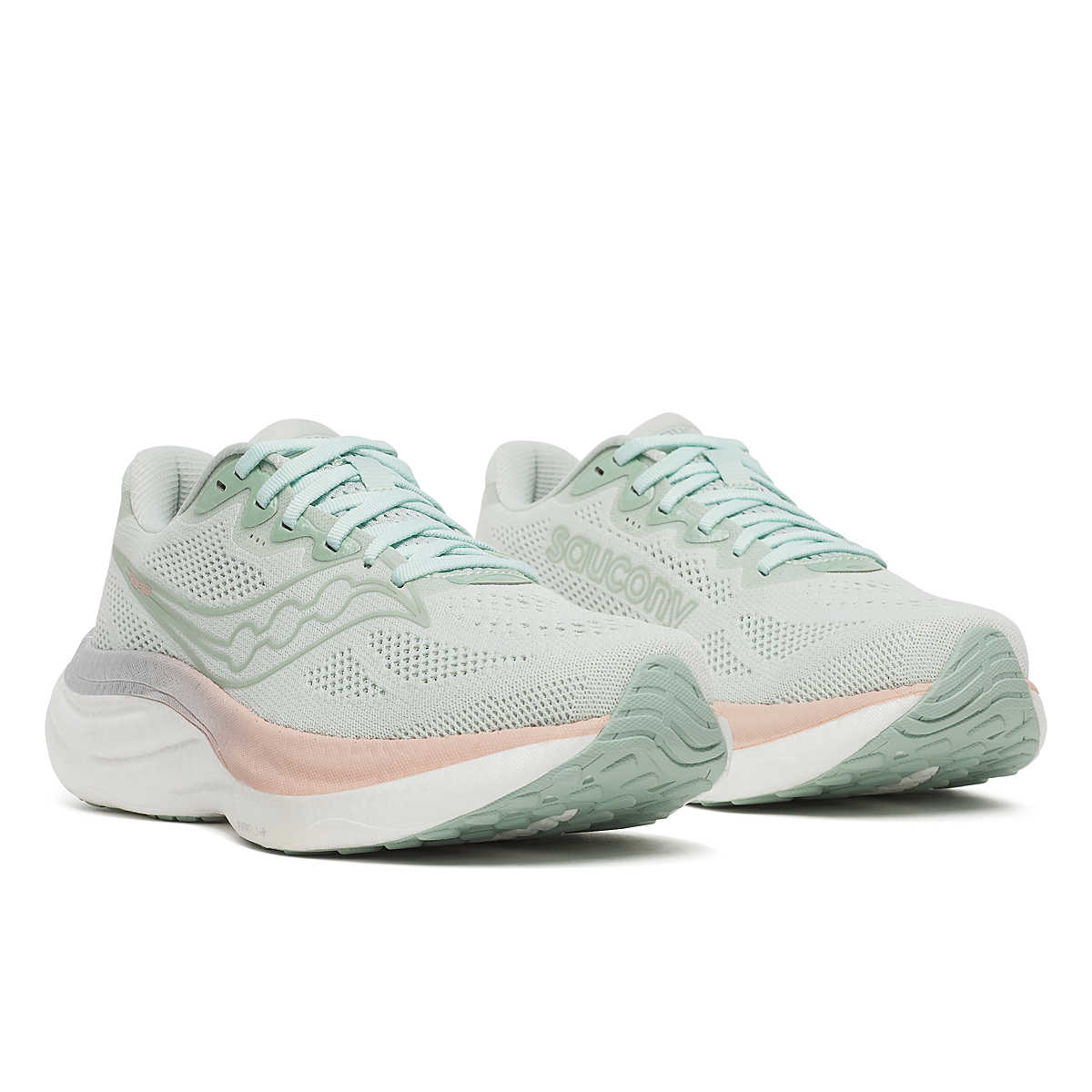 Women's Saucony Ride 19. Mist/Cameo. Lateral view.