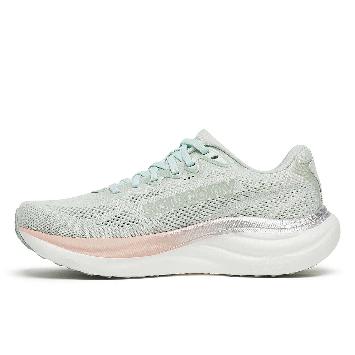 Women's Saucony Ride 19. Mist/Cameo. Medial view.