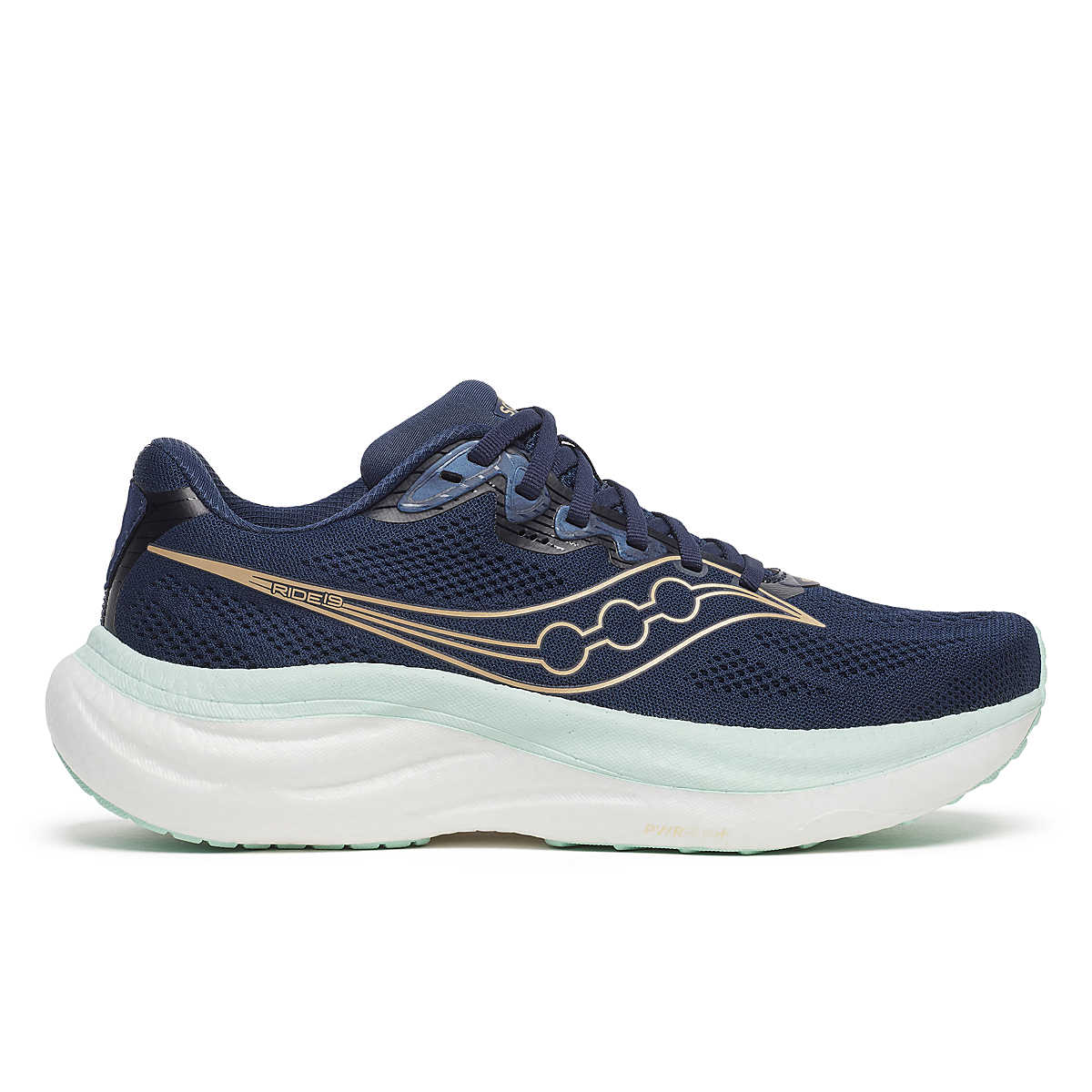 Women's Saucony Ride 19. Navy upper. White midsole. Lateral view.