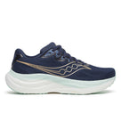 Women's Saucony Ride 19. Navy upper. White midsole. Lateral view.