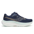 Women's Saucony Ride 19. Navy upper. White midsole. Lateral view.