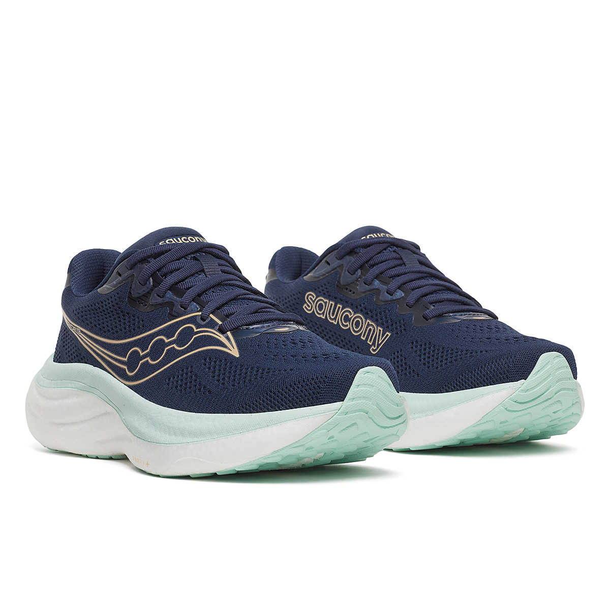 Women's Saucony Ride 19. Navy upper. White midsole. Lateral view.