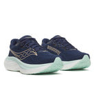 Women's Saucony Ride 19. Navy upper. White midsole. Lateral view.