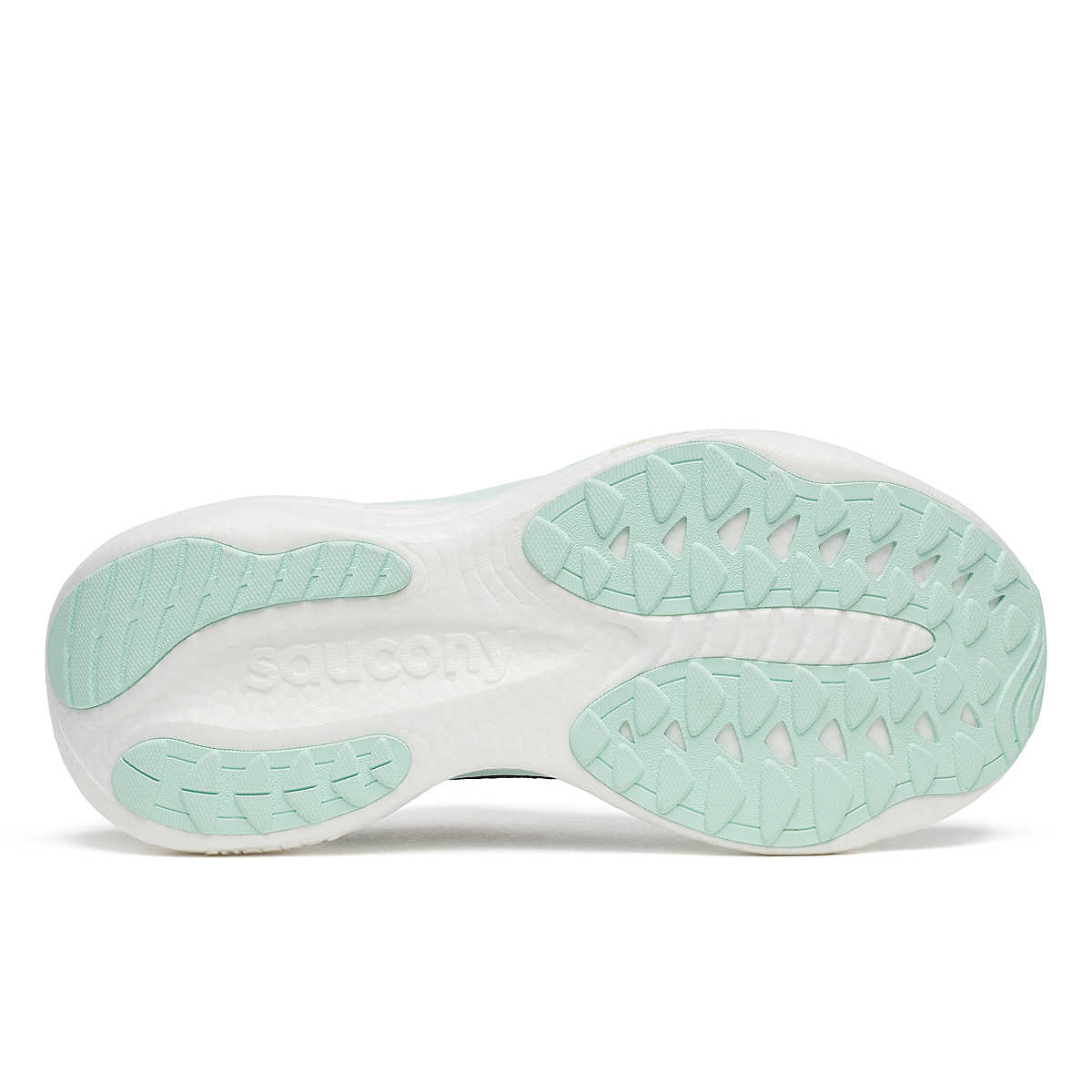 Women's Saucony Ride 19. Navy upper. White midsole. Bottom view.