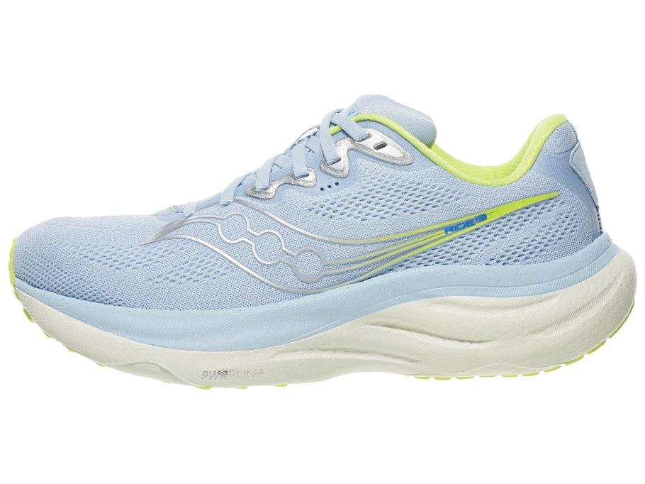 Women's Saucony Ride 19. Skyward/Silver. Lateral view.