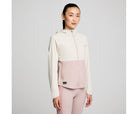 Women's Saucony RunShield Jacket. White/Pink. Front view.
