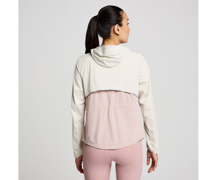 Women's Saucony RunShield Jacket. White/Pink. Rear view.