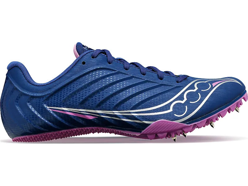Women's Saucony Spitfire 5. Blue upper. Purple midsole. Lateral view.