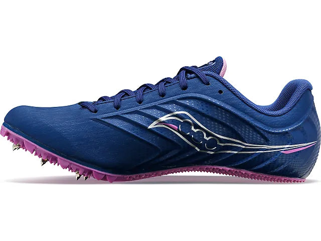 Women's Saucony Spitfire 5. Blue upper. Purple midsole. Medial view.