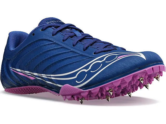 Women's Saucony Spitfire 5. Blue upper. Purple midsole. Lateral view.