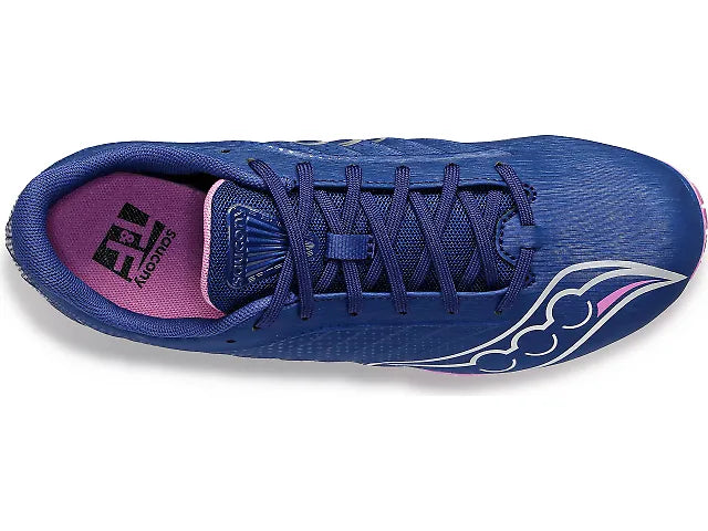 Women's Saucony Spitfire 5. Blue upper. Purple midsole. Top view.
