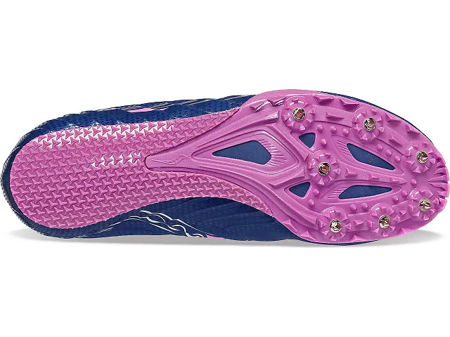 Women's Saucony Spitfire 5. Blue upper. Purple midsole. Bottom view.