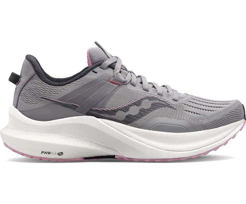 Women's Saucony Tempus. Grey upper. White midsole. Lateral view.
