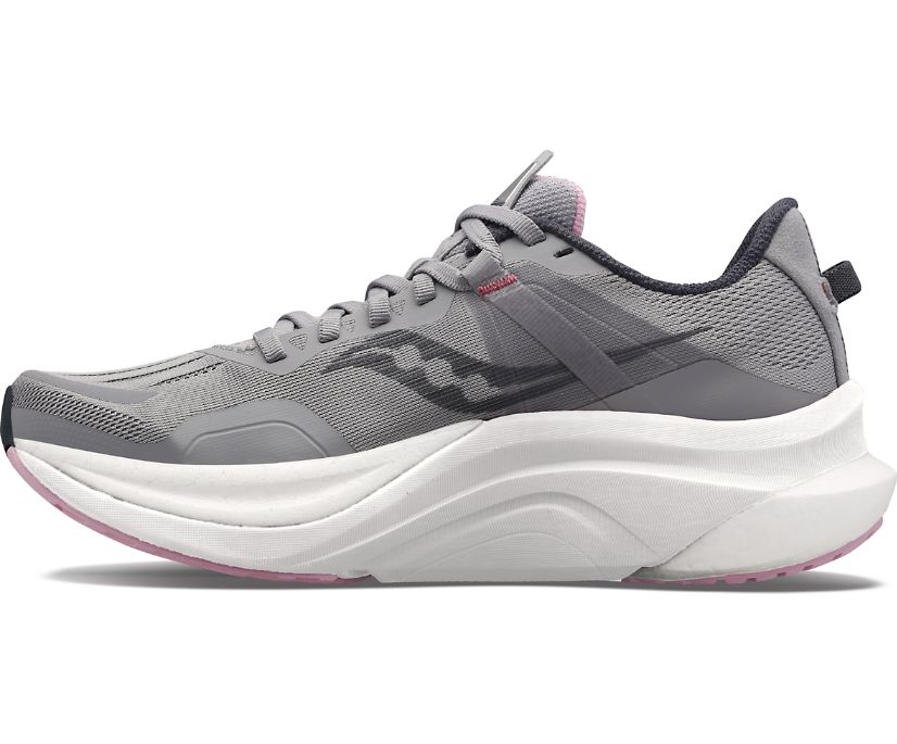 Women's Saucony Tempus. Grey upper. White midsole. Medial view.