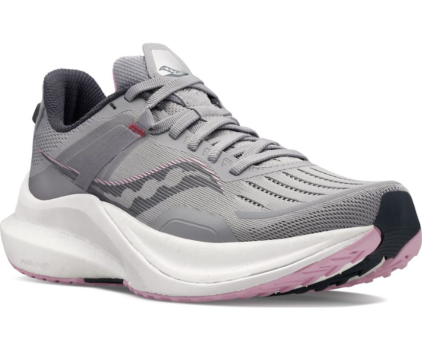 Women's Saucony Tempus. Grey upper. White midsole. Lateral view.
