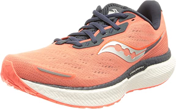 Women's Saucony Triumph 19. Pink/Red upper. White midsole. Lateral view.