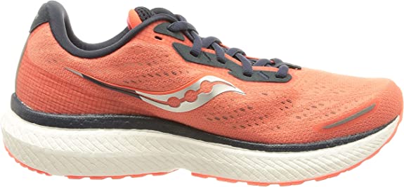 Women's Saucony Triumph 19. Pink/Red upper. White midsole. Medial view.